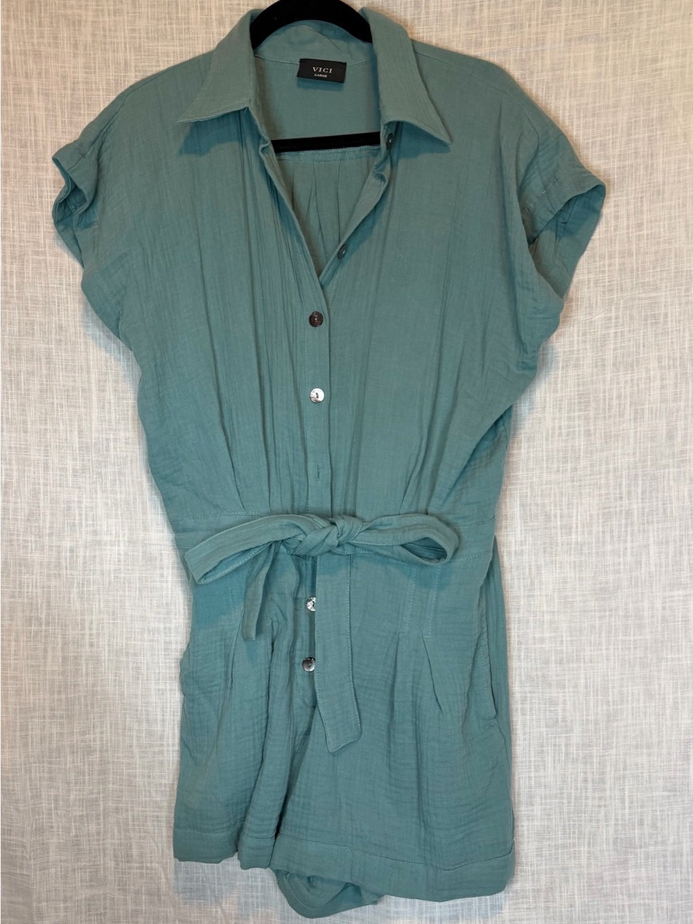 Vici Lightweight Button-Front Romper in Teal Blue